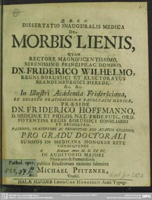 Dissertatio Inauguralis Medica De Morbis Lienis