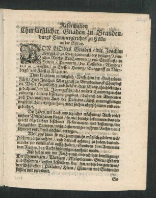 Reformation Churfürstlicher Gnaden zu Brandenburgk Cammergerichts zu Cölln an der Sprew.