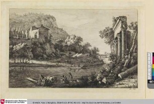 [Flussufer mit antiken Ruinen; Passage d'une rivière]