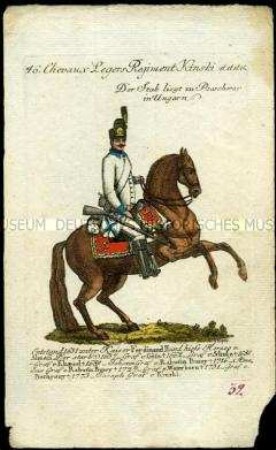 Uniformdarstellung, Gemeiner des Dragoner-Regiments Kinsky (Chevauleger), Österreich, 1796. Tafel aus: Geschichte und bildliche Vorstellung der Regimenter des Erzhauses Österreich.