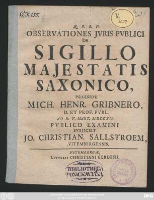 Observationes Jvris Pvblici De Sigillo Majestatis Saxonico