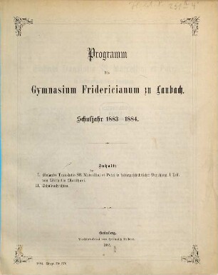 Programm des Großherzoglichen Gymnasiums Fridericianum zu Laubach : Schuljahr .... 1883/84