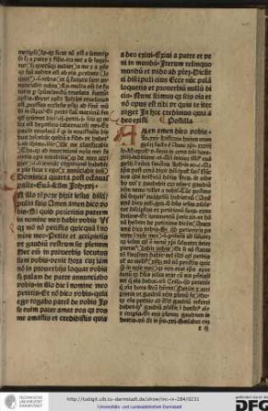 Postilla. Amen amen dico vobis, Io xvi... Ante initium illius evangelii scribit sanctus Iohannes in eodem capitulo quod Christus post cenam dixit discipulis suis Nunc vos...