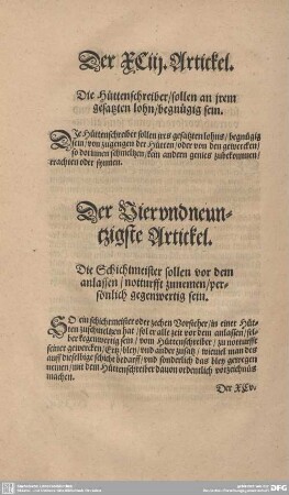 Der Vierundneuntzigste Artickel. Die Schichtmeister sollen vor dem anlassen / notturfft zunemen/persönlich gegenwertig sein.
