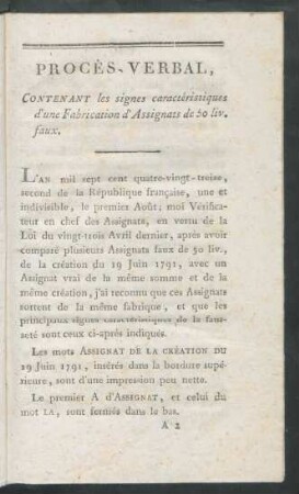 Procès-Verbal, Contenant les signes caractéristiques d'une Fabrication d'Assignats de 50 liv. faux