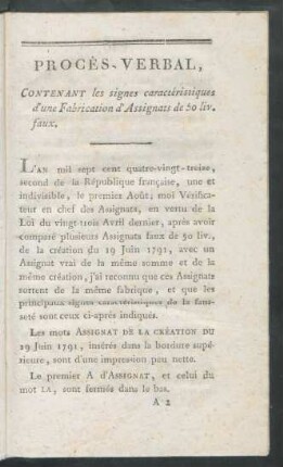 Procès-Verbal, Contenant les signes caractéristiques d'une Fabrication d'Assignats de 50 liv. faux