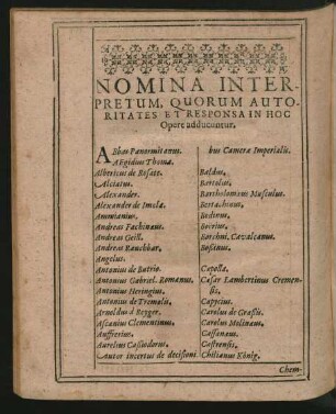 Nomina Interpretum, Quorum Autoritates Et Responsa In Hoc Opere adducuntur.
