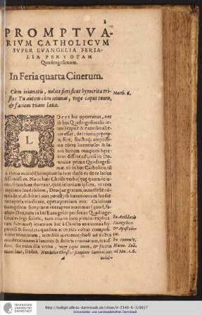 PROMPTVARIVM CATHOLICVM SVPER EVANGELIA FERIALIA PERTOTAM Quadragesimam.