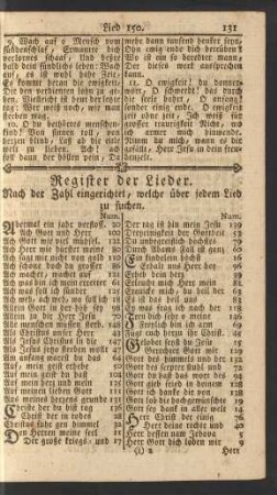 Register der Lieder. Nach der Zahl eingerichtet, welche über jedem Lied zu suchen