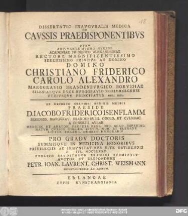 Dissertatio Inavgvralis Medica De Cavssis Praedisponentibvs