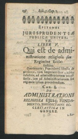 Liber V. Qui est de administratione religiosa seu Regimine Ecclesiastico.