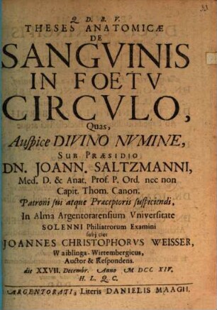 Theses Anatomicæ De Sangvinis In Foetv Circvlo