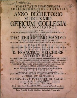 Dissertatio Inauguralis Juris Germanico-Publici De Anno Decretorio MDCXXIIII Opificum Collegia Non Concernente
