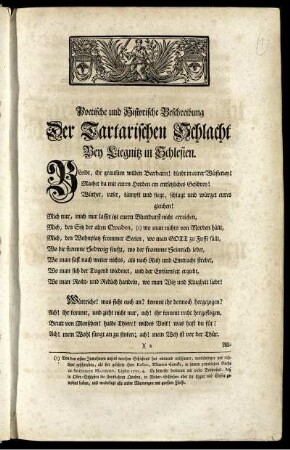 Poetische und Historische Beschreibung Der Tartarischen Schlacht Bey Siegnitz in Schlesien.