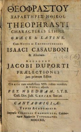 Theophrastu Charaktēres ēthikoi : graece & latine = Theophrasti Characteres ethici