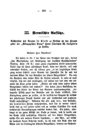 Anschreiben an den Herausgeber der "Pädagogischen Revue" Herrn Oberlehrer W. Langbein zu Stettin