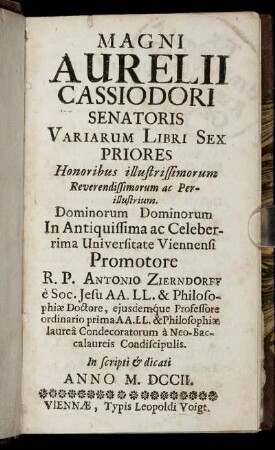 Magni Aurelii Cassiodori Senatoris Variarum Libri Sex Priores