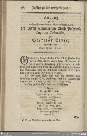 Anhang zu den vorhergehenden dreyen Lebensbeschreibungen des Herrn Commercien-Rath Polhems, Capitain Triewald, und Secretär Elvii; abgefasset von Carl Ernst Klein