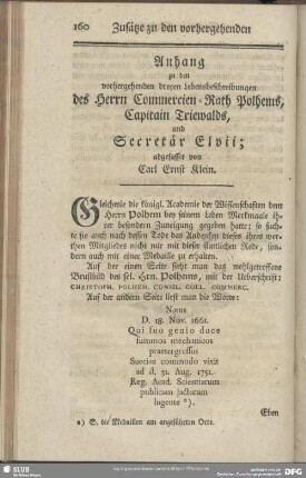 Anhang zu den vorhergehenden dreyen Lebensbeschreibungen des Herrn Commercien-Rath Polhems, Capitain Triewald, und Secretär Elvii; abgefasset von Carl Ernst Klein