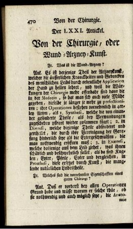 Der LXXI. Artickel. Von der Chirurgie, oder Wund-Arzney-Kunst.