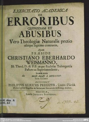 Exercitatio Academica De Erroribus Quibusdam Et Abusibus Vero Theologiae Naturalis pretio usuique legitimo contrariis