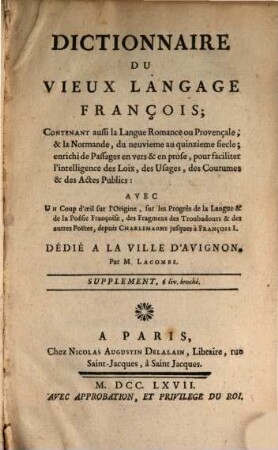 Dictionnaire du vieux language françois : Supplement