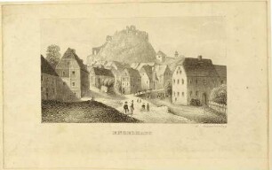 Ortsansicht von Engelhaus (Andělská Hora) in Tschechien bei Karlsbad (Karlovy Vary) mit den Ruinen der gotischen Burg