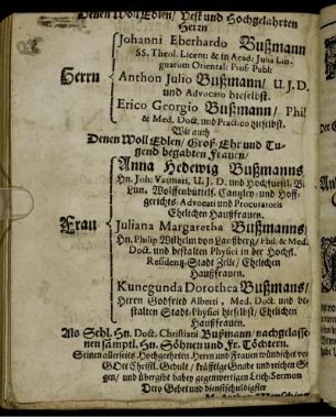 Denen Woll Edlen/ Vest und Hochgelahrten Herrn Herrn Johanni Eberhardo Bußmann SS. Theol. Licent: & in Acad: Julia Linguarum Oriental: Prof: Publ: Herrn Anthon Julio Bußmann/ U.J.D. und Advocato hieselbst. Herrn Erico Georgio Bußmann/ Phil. & Med. Doct. und Practico hieselbst. Wie auch Denen Woll Edlen/ Groß-Ehr und Tugend begabten Frauen/ Frau Anna Hedewig Bußmanns [...]