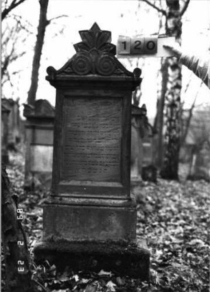 Grabstein 120 (Index: 99751912) Material: Sandstein Zustand: abgeblätt/verwittert mit Textverlust Maße HxBxT: 160x49x21 cm Beschreibung: Abdeckplatte m. Volutenaufsatz m. Palmette, Schriftfeld eingetieft Symbolik: Voluten, Palmette, Ranken: Grabstein 120