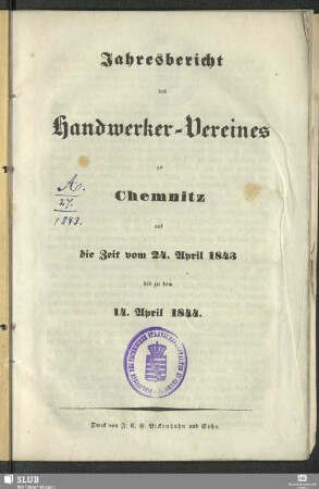 1843/44: Jahres-Bericht des Handwerkervereins zu Chemnitz : für das Vereinsjahr ...