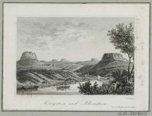 Ansicht der Festung Königstein, Radierung. um 1840 : Königstein und Lilienstein / Schmidt sc. - Dresden : Otto u. Lehmann, [ca. 1840]. - 1 Kunstblatt : Radierung ; 10,3 x 6,9 cm