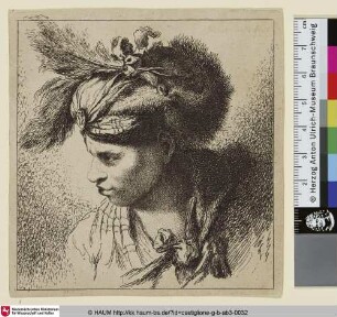 [Orientale mit Turban und Federkopfschmuck nach links gewendet]