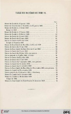Table des matières du tome VI.