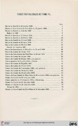 Table des matières du tome VI.