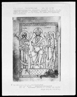 Ambrosius, Hexaemeron — Erster Schöpfungstag: Die Scheidung von Licht und Finsternis dargestellt als thronender Christus mit den Erzengeln Luzifer und Michael, Folio 1verso
