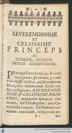 Reverendissime Et Celsissime Princeps...