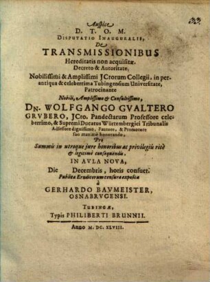 Disputatio Inauguralis, De Transmissionibus Hereditatis non acquisitae