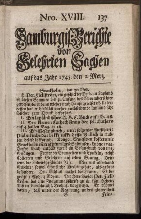 Nro. XVIII. auf das Jahr 1745. den 2 Merz. - Nro. XXVI. auf das Jahr 1745. den 30 Merz.