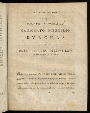 24a-24b, Praenobilissimo Atque Honorvm Doctoralivm Candidato Dignissimo Bvrckas S. D. P. Io. Christoph. Godofredvs Iahn Artis Medicae Doctor.
