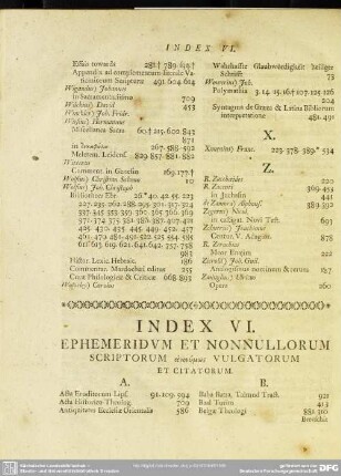 Index VI. Ephemeridum Et Nonnullorum Scriptorum anonymōs Vulgatorum Et Citatorum