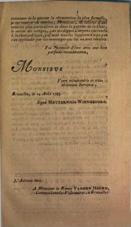 Extrait De La Gazette de Cologne du 8 Aout 1793