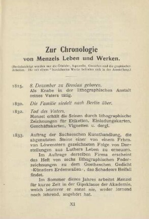 Zur Chronologie von Menzels Leben und Werken