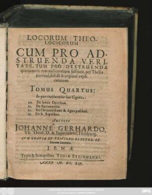 4: In quo continentur haec Capita: 20. De bonis Operibus. 21. De Sacramentis. 22. De Circumcisione & Agno paschali. 23. De S. Baptismo