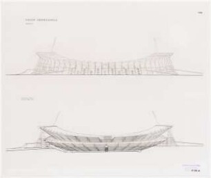 Stadion Oberwiesenfeld, München: Mappe »Wettbewerb Stadion München, Entwurf Professor Werner March«. Außenansicht Süd, Schnitt West-Ost mit Innenansicht Nord, ca. 1:660