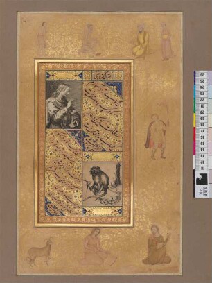 Illustration: Zwei Kupferstiche: Johannes der Evangelist und Meerkatze sowie illuminierter Rahmen mit figürlichen Motiven