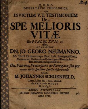 Diss. theol. qua invictum V. T. testimonium de spe melioris vitae ex Ps. XVII, 15. sistet