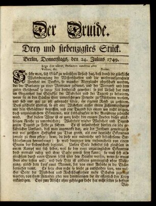 Drey und siebenzigstes Stück. Berlin, Donnerstags, den 24. Julius 1749