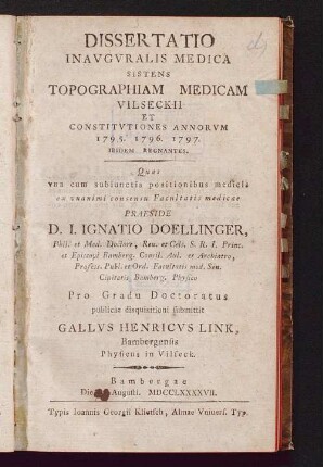 Dissertatio Inavgvralis Medica Sistens Topographiam Medicam Vilseckii Et Constitvtiones Annorvm 1795, 1796, 1797 Ibidem Regnantes : ... vna cum subiunctis positionibus medicis