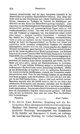 Schöffel, Simon :: Hamburg und die Reformation, eine ideengeschichtliche Untersuchung, (Beiträge und Forschungen zur Kirchengeschichte Hamburgs, 1) : Hamburg, 1929