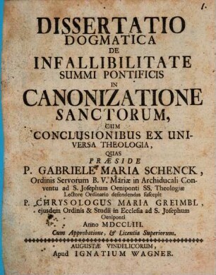 Diss. dogm. de infallibilitate summi pontificis in canonizatione sanctorum